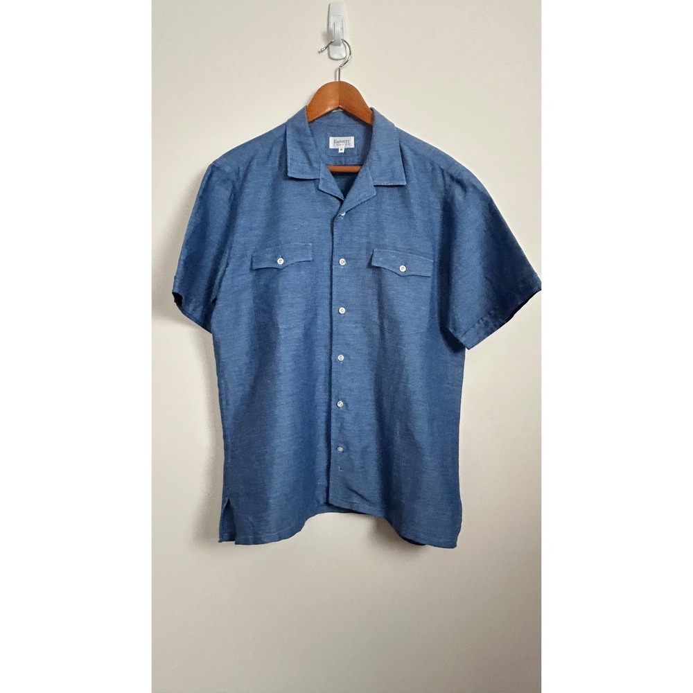Emmett London Mens Linen Cotton Short Sleeve Blue Shirt‎ Camp Collar Size M
